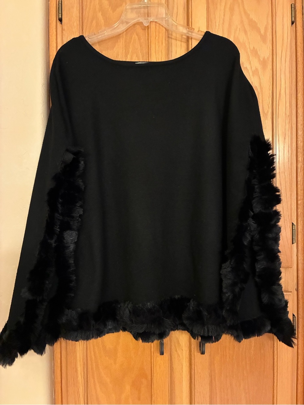 Chico's Black Crewneck Sweater Cape with Faux-Fur Trim